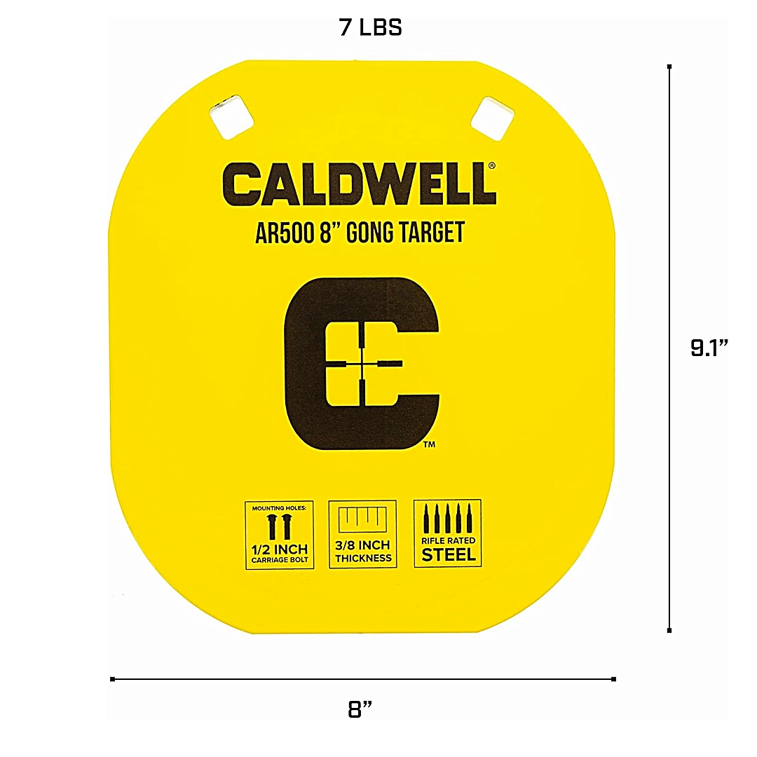 Caldwell 8" Gong taikinio tikslūs matmenys coliais ir techniniai parametrai.