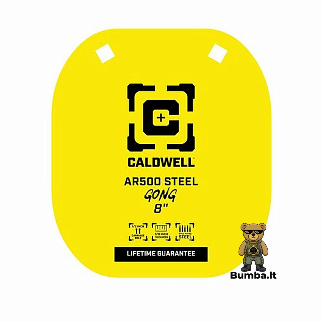 Caldwell AR500 8 colių metalinis gongo taikinys su Bumba.lt logotipu.