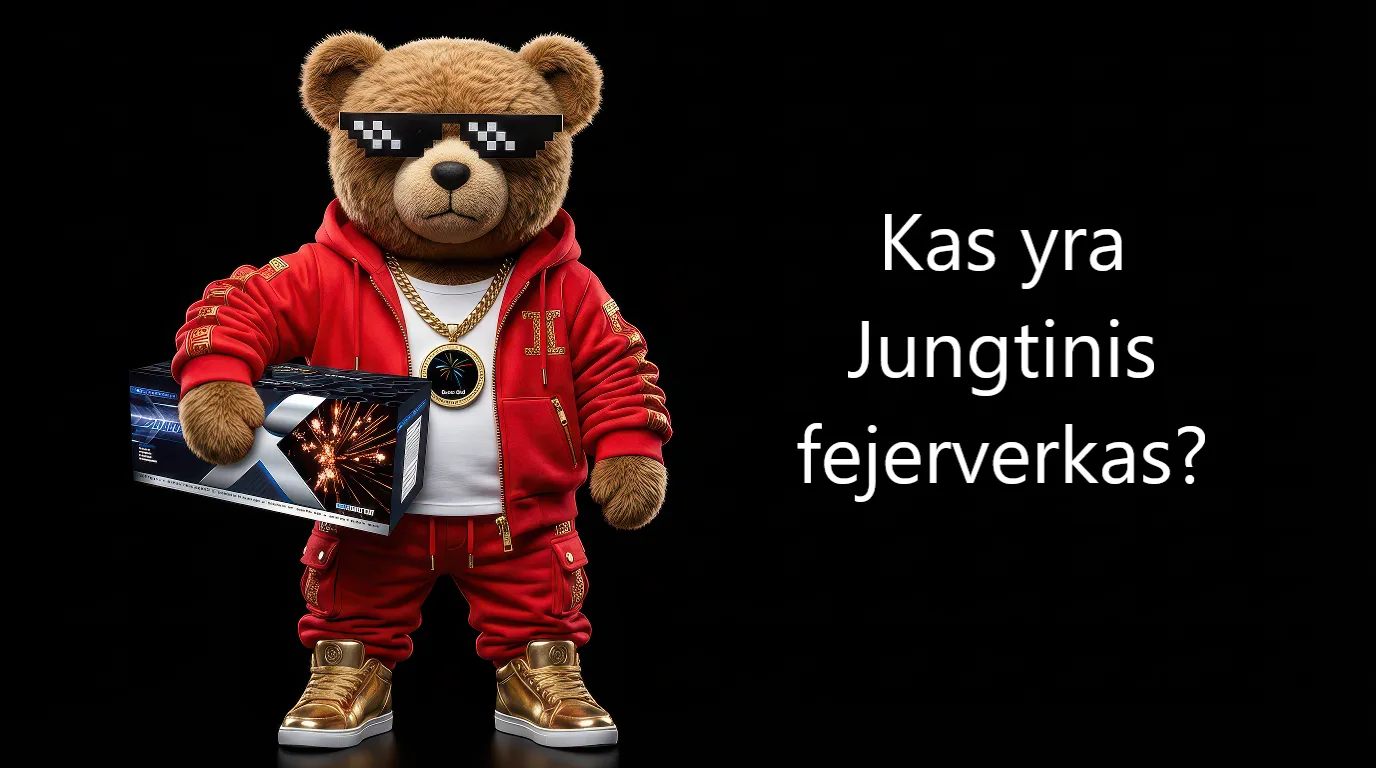 Meškinas Bumbas su juodais akiniais laiko galingą jungtinį fejerverką bumba.lt