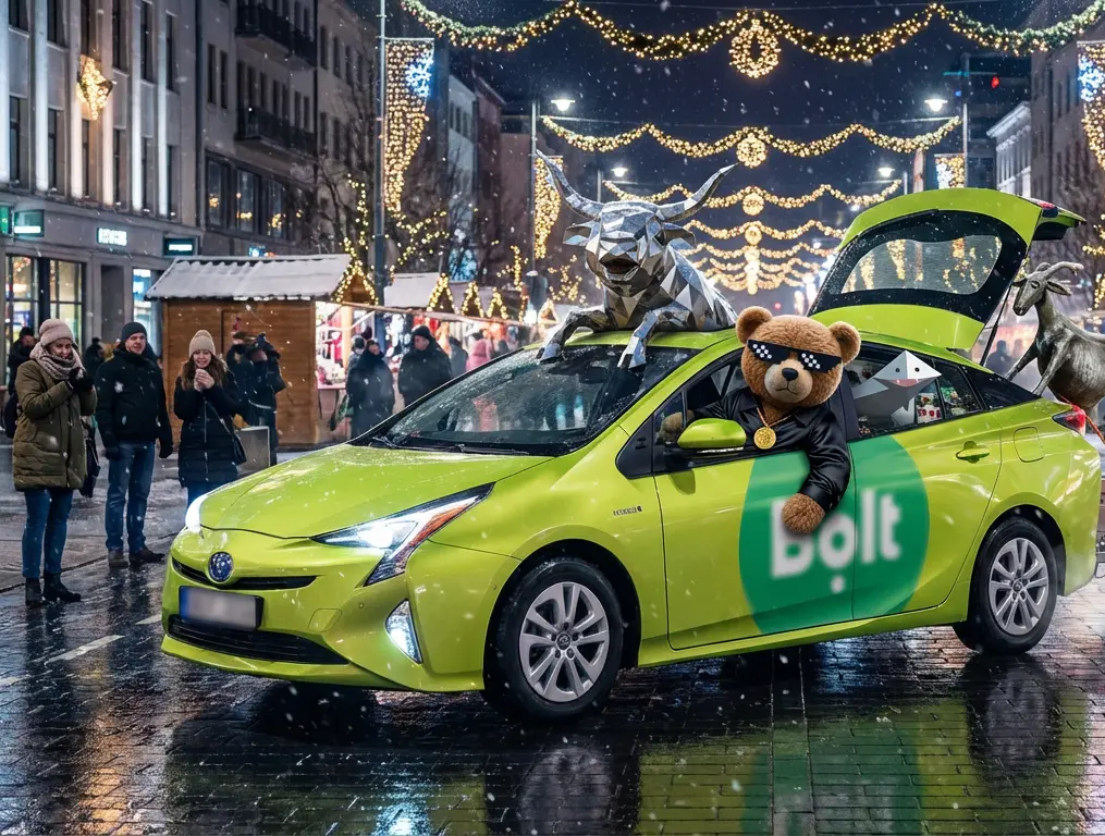 Maksimalios galios F3 kategorijos fejerverkai, meškinas Bumbas bando sutilpti į mažą žalią Bolt e-automobilį Kauno gatvėje