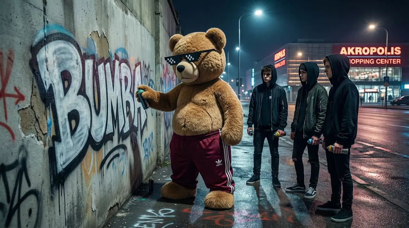 Galingi fejerverkai Kaune, didelis meškinas Bumbas su akiniais nuo saulės purškia graffiti logotipą ant sienos Karaliaus Mindaugo prospekte naktį prie Kauno Akropolio prekybos centro