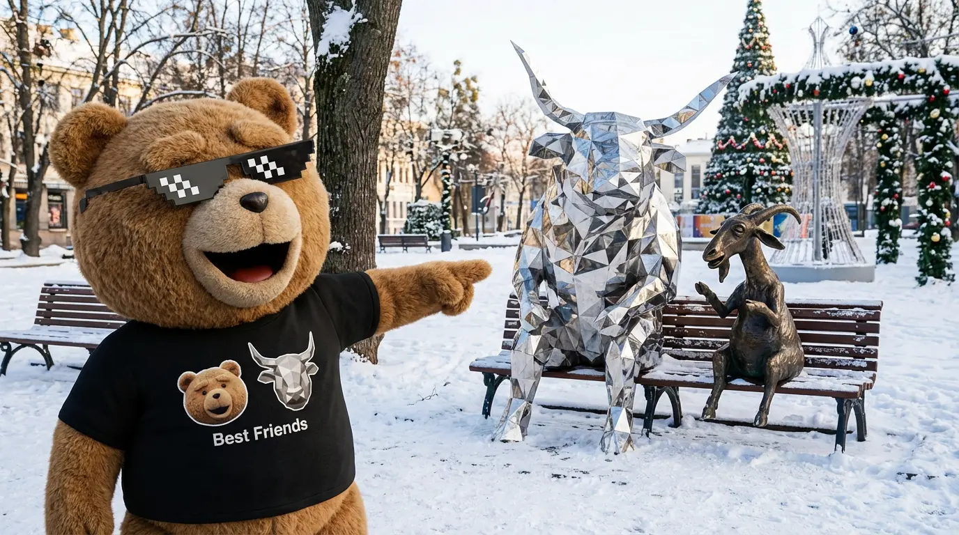 Galingi fejerverkai Kaune, meškinas Bumbas su juodais Best Friends marškinėliais rodo pirštu į suoliuką, ant kurio sėdi veidrodinis Kauno Tauras ir bronzinė Ožkos skulptūra žiemą skvere šalia Kalėdų eglės