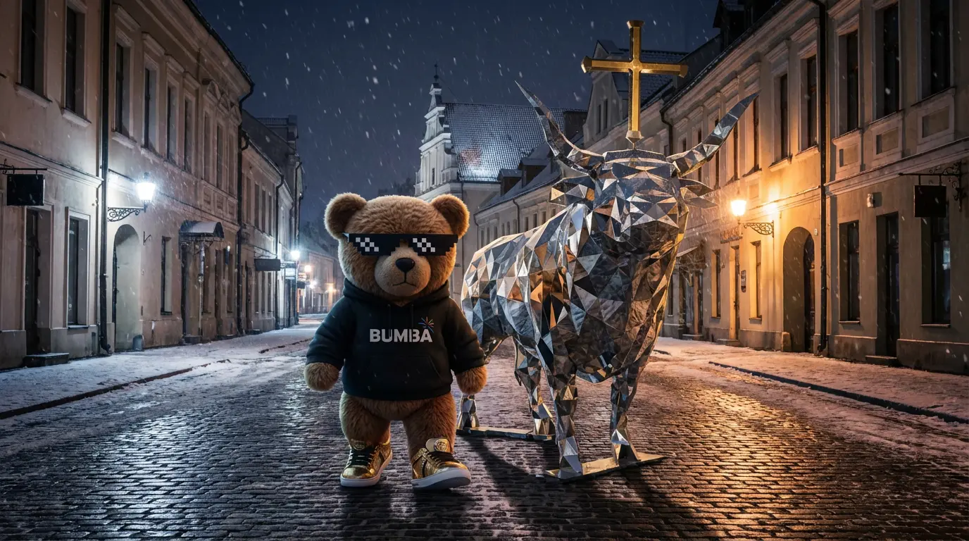 Meškinas Bumbas su juodu Bumba džemperiu naktiniame Kauno senamiestyje šalia veidrodinės Tauro skulptūros, galingi fejerverkai Kaune