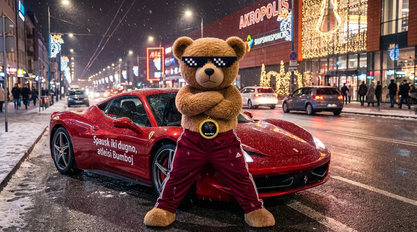 Galingi X Nitro fejerverkai Kaune, meškinas Bumbas už žemo raudono sportinio automobilio vairo naktį Karaliaus Mindaugo prospekte