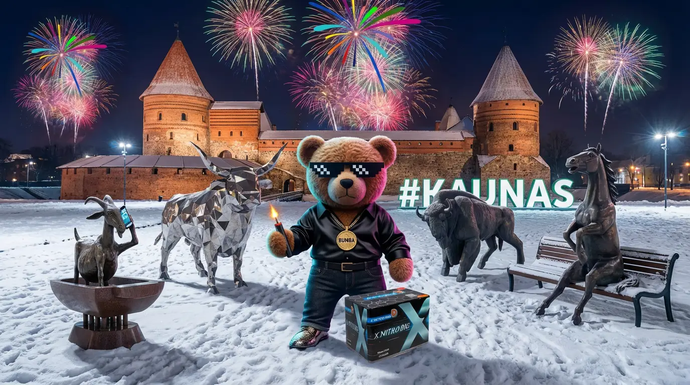 Galingi fejerverkai Kaune prie Kauno pilies žiemą, meškinas Bumbas pristato profesionalų F3 kategorijos fejerverką X Nitro Big internetu