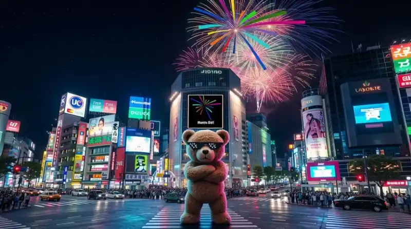 Pliušinis meškinas Bumbas su juodais akiniais Tokijo Shibuya sankryžos centre, fone sprogstantys dideli fejerverkai ir šviečiančios neoninės reklamos. Bumba.lt – kokybiški fejerverkai internetu Kaune.