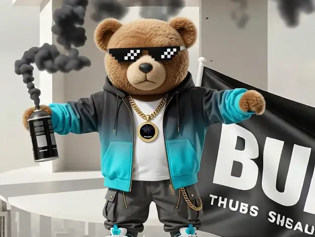 Meškinas Bumbas pristato juodojo parako fejerverkuose su juoda Bumba vėliava ir juodais dūmais