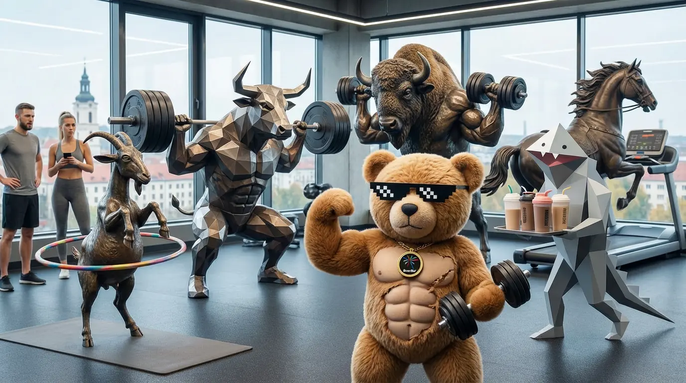 Fejerverkai Kaune, meškinas Bumbas su raumenimis ir Thug Life akiniais sporto salėje, Kauno Tauras daro pritūpimus su štanga, Stumbras kelia hantelius, o Mitinis Žvėris neša kokteilius