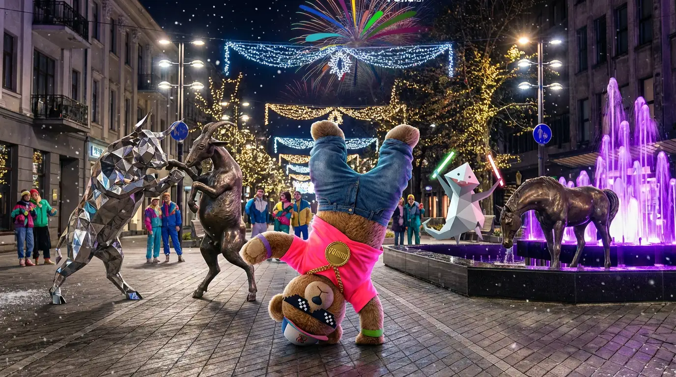 Meškinas Bumbas stovi ant galvos Laisvės alėjoje prie fontano, Kauno kanopinių chebra šoka, galingi fejerverkai Kaune internetu pigiai