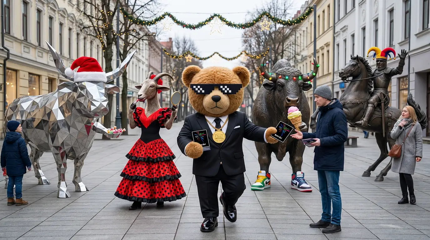 Meškinas Bumbas su juodu kostiumu dalina fejerverkų saugos atmintines praeiviams Laisvės alėjoje Kaune