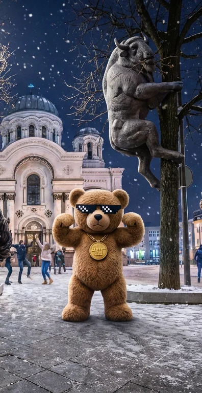 Meškinas Bumbas rodo raumenis prie Kauno Soboro, Stumbras įlipęs į medį naktį, galingi fejerverkai Kaune internetu pigiai bumba.lt
