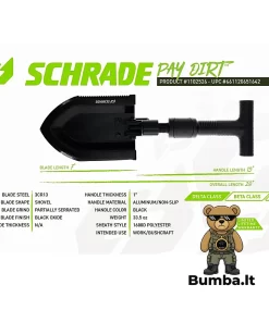 Lauko kastuvo Schrade Pay Dirt 3Cr13 plieno ašmenų techninių duomenų infografika – bumba.lt Kaune ir internetu