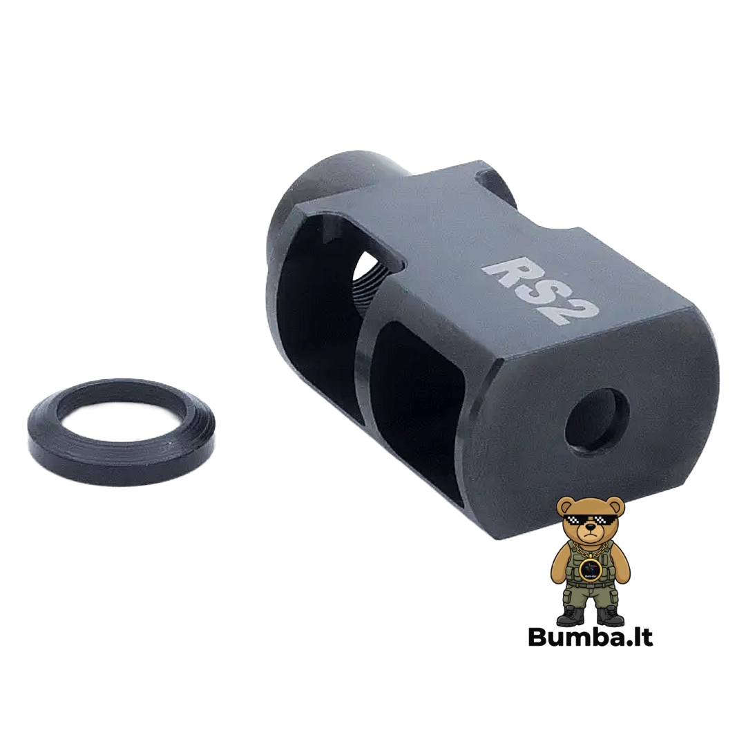 Dviejų kamerų plieninis atmušimo kompensatorius RS2 Muzzle Brake skirtas AR15 karabinams su fiksavimo poveržle – bumba.lt Kaune ir internetu