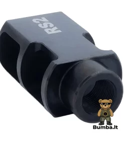 Dviejų kamerų atmušimo kompensatoriaus RS2 Muzzle Brake galinis vaizdas, išryškinantis 1/2-28 sriegį montavimui ant AR15 vamzdžio – bumba.lt Kaune ir internetu