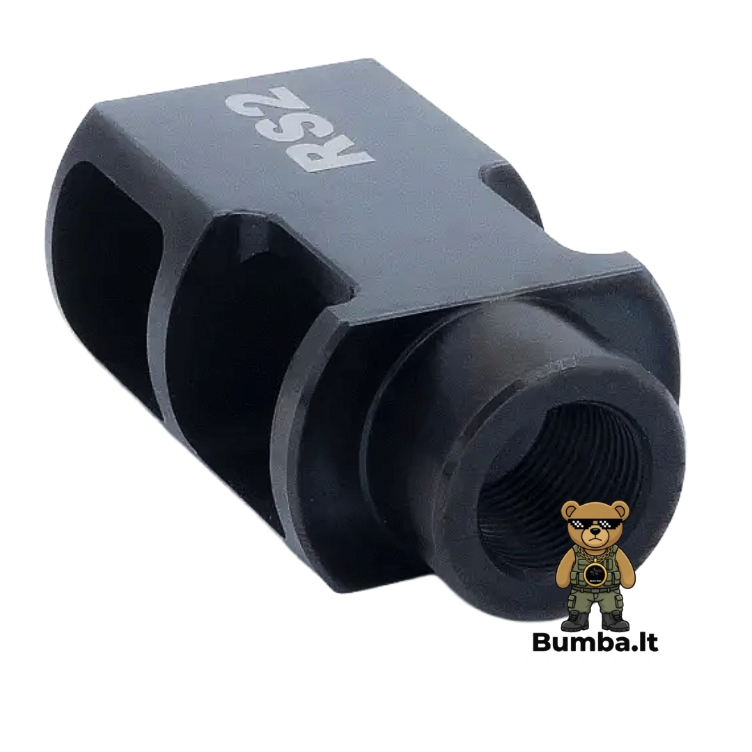 Dviejų kamerų atmušimo kompensatoriaus RS2 Muzzle Brake galinis vaizdas, išryškinantis 1/2-28 sriegį montavimui ant AR15 vamzdžio – bumba.lt Kaune ir internetu