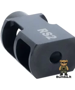 Detalus dviejų kamerų atmušimo kompensatoriaus RS2 Muzzle Brake vaizdas iš arti, išryškinantis plieninę konstrukciją ir lazerinį graviravimą – bumba.lt Kaune ir internetu
