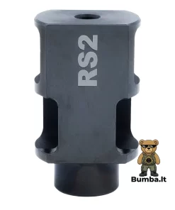 Atmušimo kompensatoriaus RS2 Muzzle Brake vaizdas iš viršaus, demonstruojantis simetriškas šonines kameras ir lazerinį logotipą – bumba.lt Kaune ir internetu