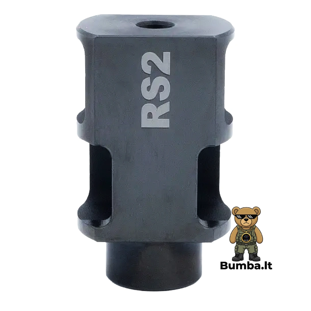 Atmušimo kompensatoriaus RS2 Muzzle Brake vaizdas iš viršaus, demonstruojantis simetriškas šonines kameras ir lazerinį logotipą – bumba.lt Kaune ir internetu