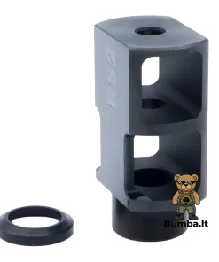 Dviejų kamerų atmušimo kompensatorius RS2 Muzzle Brake nufotografuotas vertikaliu kampu su fiksavimo poveržle šone – bumba.lt Kaune ir internetu