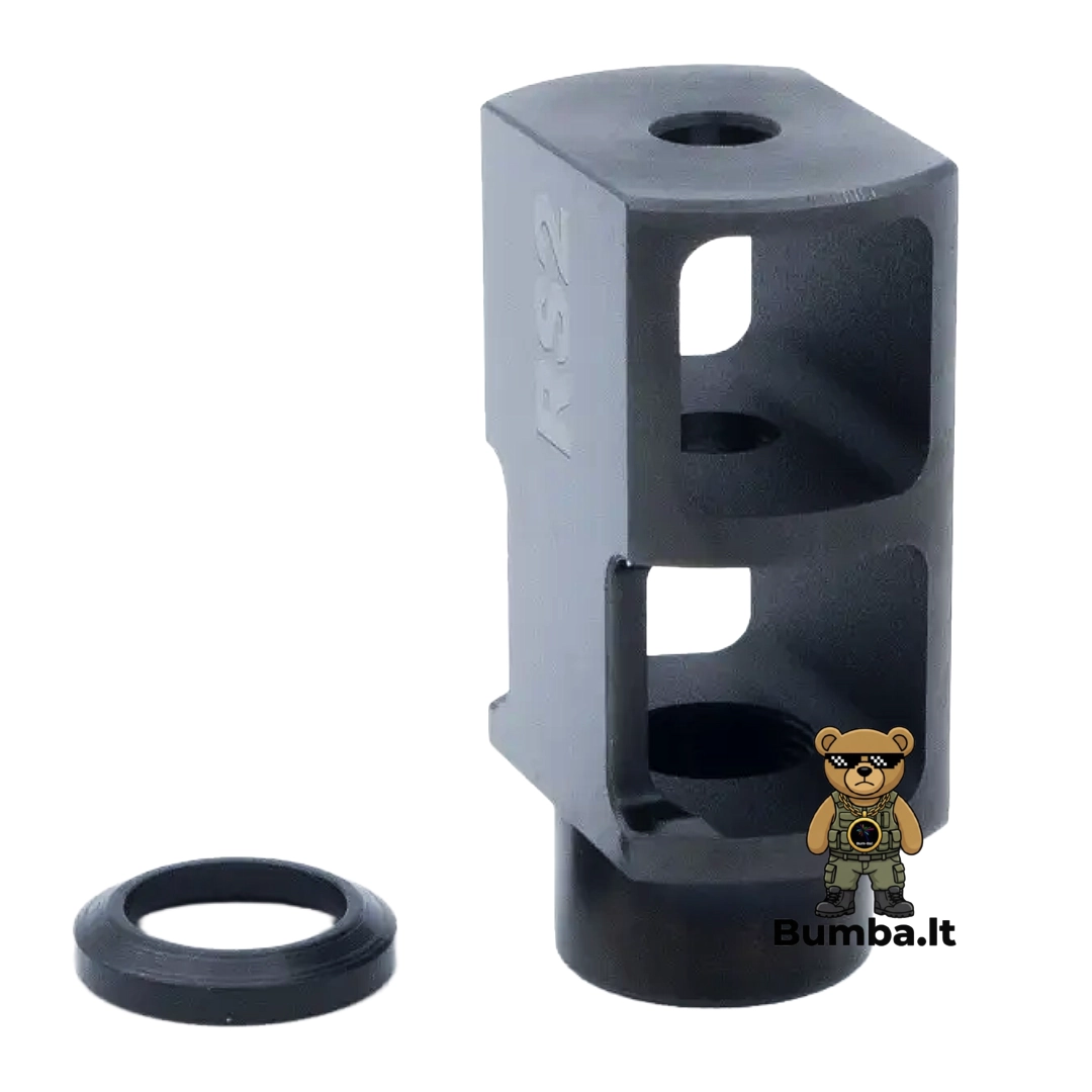 Dviejų kamerų atmušimo kompensatorius RS2 Muzzle Brake nufotografuotas vertikaliu kampu su fiksavimo poveržle šone – bumba.lt Kaune ir internetu