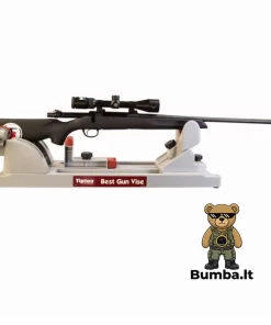 Graižtvinis medžioklinis šautuvas su sumontuotu optiniu taikikliu stabiliai įtvirtintas Tipton Best Gun Vise priežiūros stove – bumba.lt Kaune ir internetu